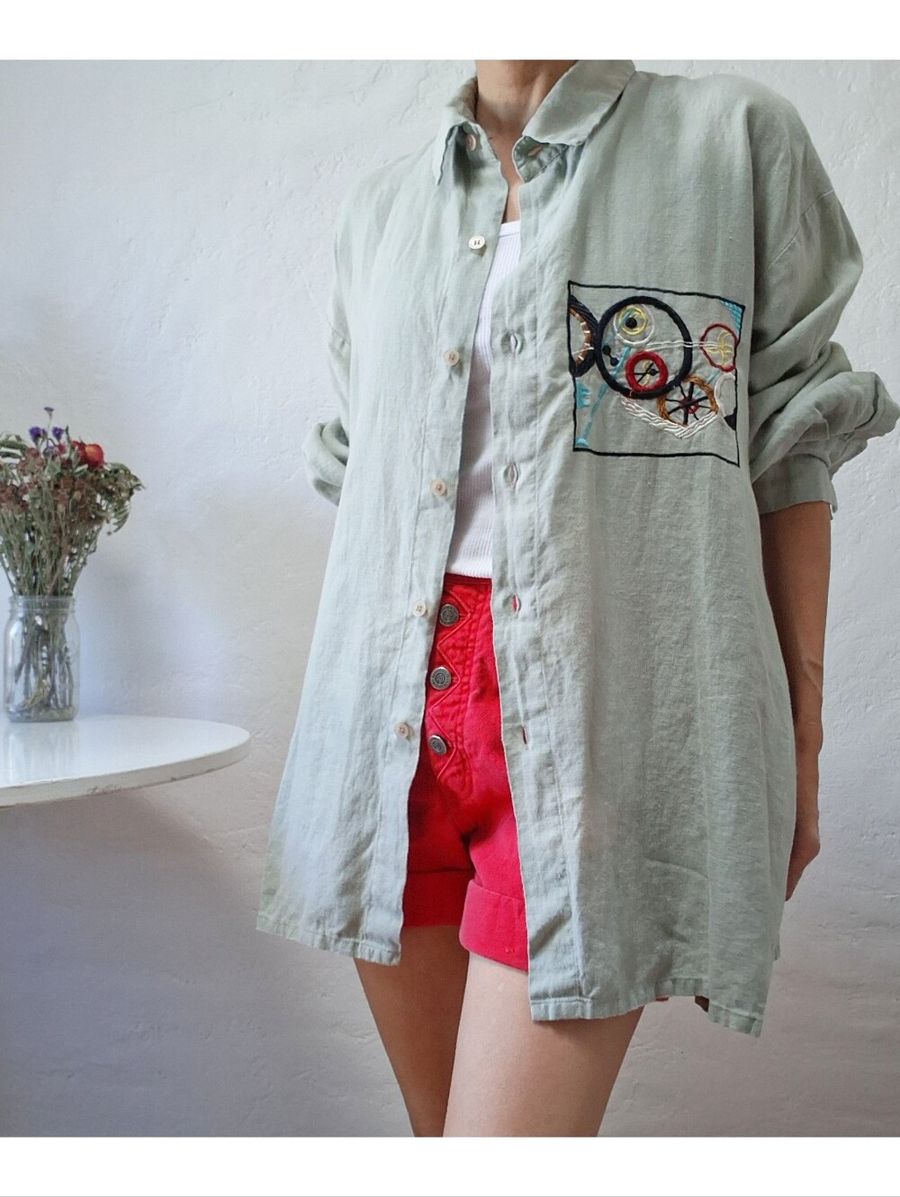 Vintage 90s Goouch Linen Shirt Sage Green Abstract Art Embroidery Button Up